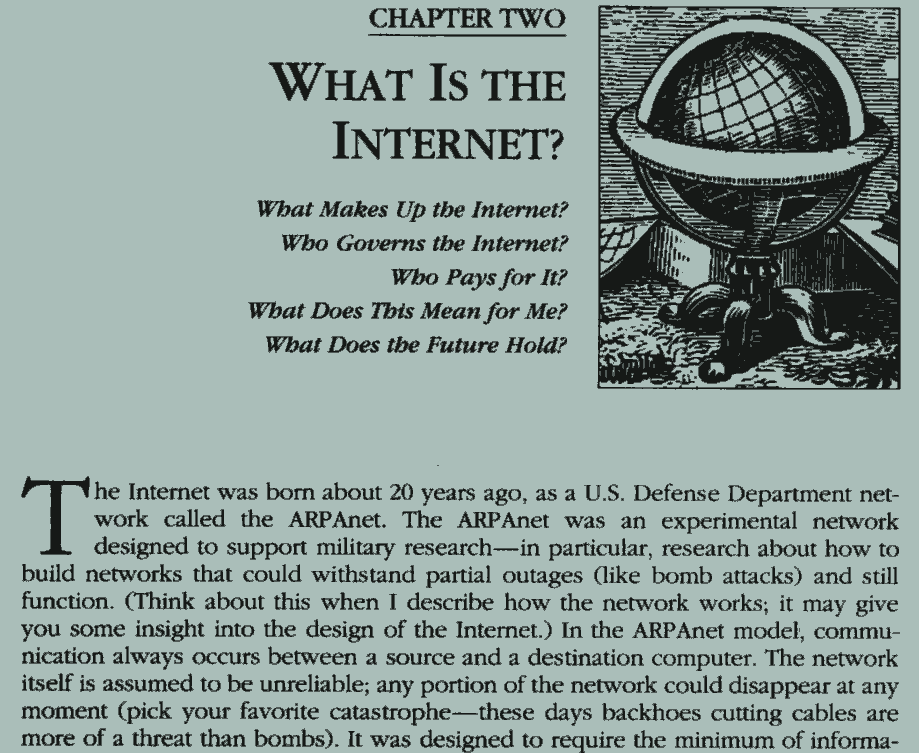 An image of the first page of the book. The important text is 'research about how to build networks that could withstand partial outages (like bomb attacks) and still function'