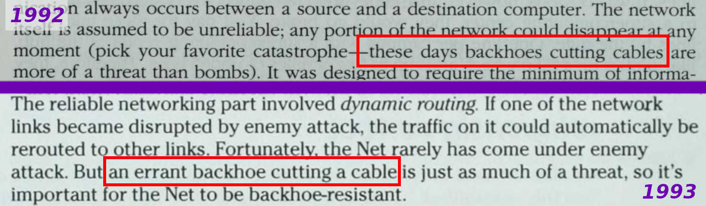 Two screenshots comparing an almost identical passage between the two books. The text is 'these days backhoes cutting cables are more of a threat' compared with 'an errant backhoe cutting a cable is just as much of a threat'