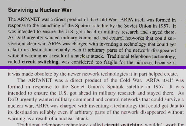 Another split image demonstrating an almost identical passage between two books. The passage reads 'The ARPANET was a direct product of the Cold War. ARPA itself was formed in response to the launching of the Sputnik satellite by the Soviet Union in 1957. It was intended to ensure the US got ahead in military research and stayed there. As DoD urgently wanted military command and control networks that could survive a nuclear war...'